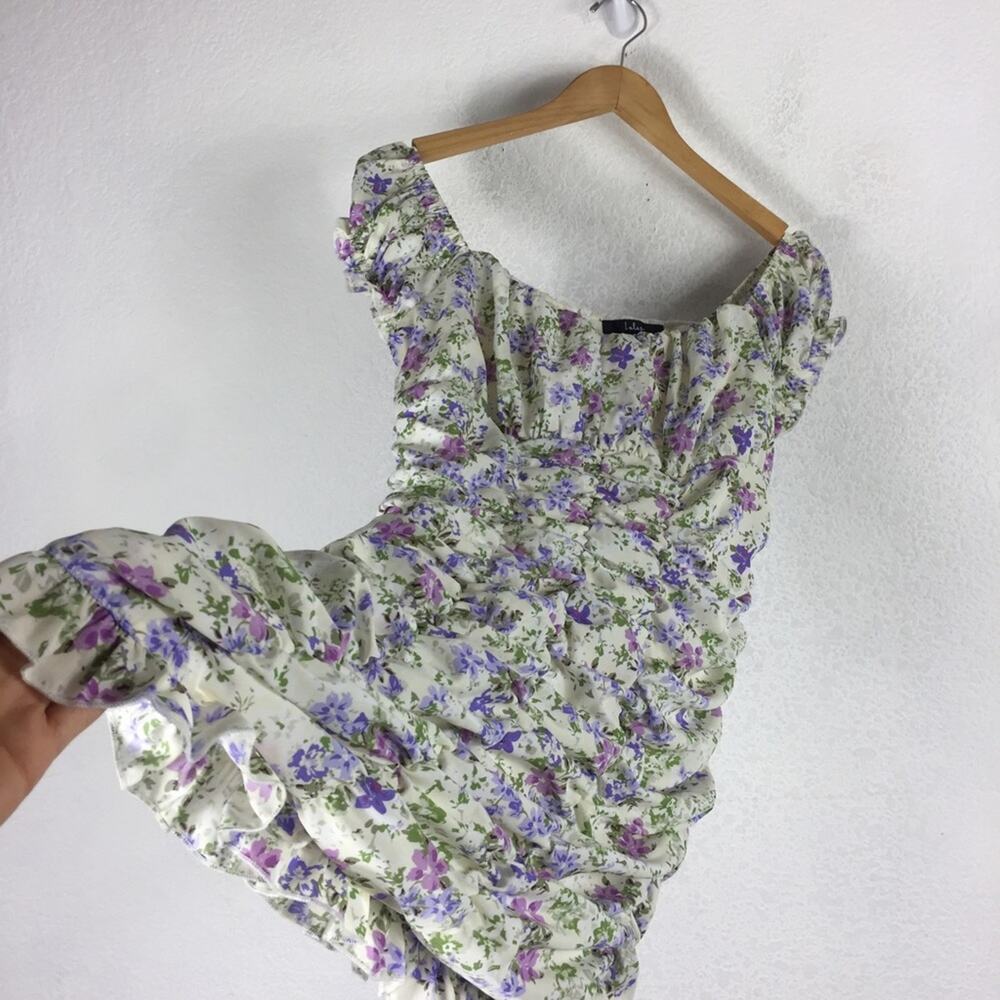 Lulus Love Bloom Cream Floral Print Ruched Off-the-Shoulder Mini Dress Large - Picture 12 of 15